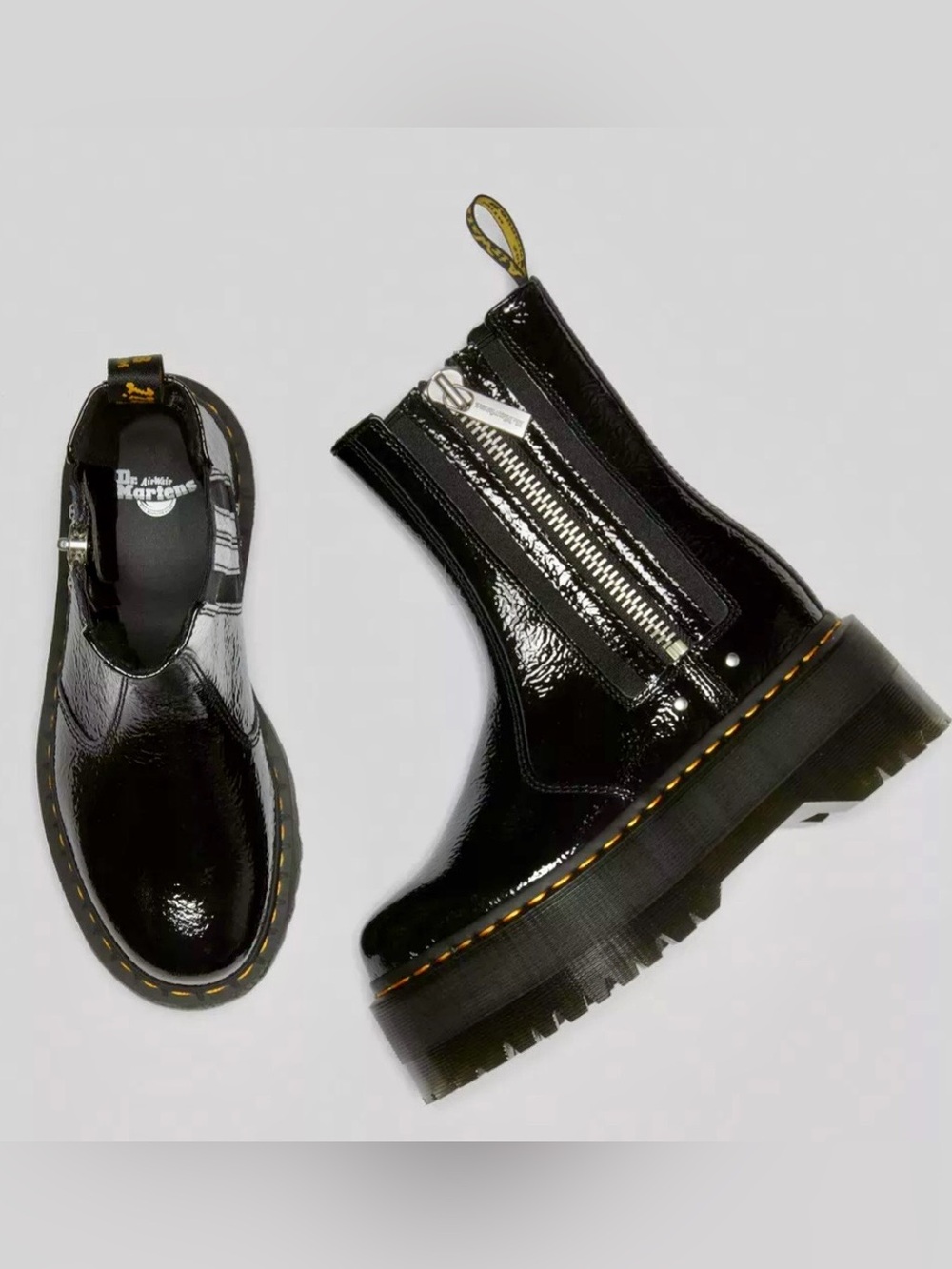 DR. MARTENS 2976 MAX DISTRESSED PATENT CHELSEA PLATFORM BOOTS, SZ 8, NEW, $220.